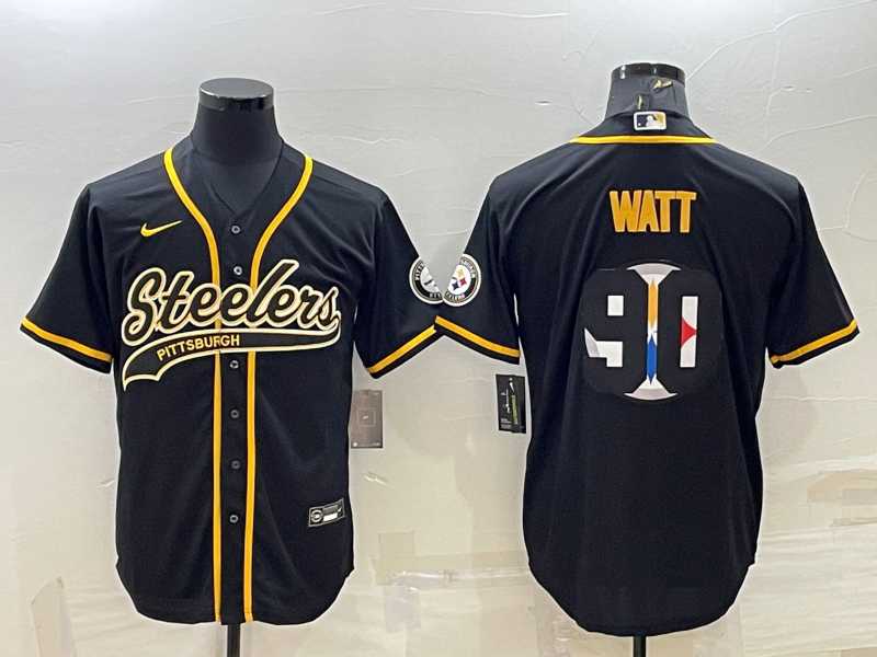 Men%27s Pittsburgh Steelers #90 TJ Watt Black Team Big Logo With Patch Cool Base Stitched Baseball Jersey